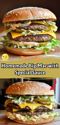 Recreate the iconic fast-food favorite at home with our Homemade Big Mac with Special Sauce. This burger layers perfectly cooked patties with cheese, pickles, and onions, all smothered in a tangy, secret sauce that makes each bite unforgettable. #HomemadeBigMac #BurgerNight #SpecialSauce