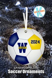 ad: Easy-to-personalize ornaments for soccer players with commemorative year -- many color combinations are available #soccerornaments #soccerteamgifts #soccerteamspirit