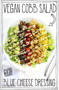 Vegan Cobb Salad with Blue Cheese Dressing!! Flavour bursting mushroom bacon, tender baked tofu, creamy avocado, juicy cherry tomatoes, sweet pops of corn on a bed of crispy romaine topped with a vegan blue cheese dressing. ← Now THAT is magic. #itdoesnttastelikechicken #veganrecipes #vegansalad #salad via @bonappetegan