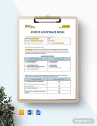 Instantly Download System Acceptance Form Template, Sample & Example in Microsoft Word (DOC), Google Docs, Apple (MAC) Pages, Format. Available in A4 & US Letter Sizes. Quickly Customize. Easily Editable & Printable.