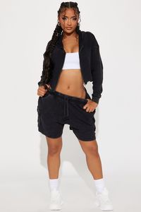 Available In Black And Sage. Washed Ribbed Short Set Cropped Zip-Up Hoodie Sweatshorts Elastic Waistband Drawstring Cargo Pockets Stretch Disclaimer: Due To The Specialized Wash Process, Each Garment Is Unique. 100% Cotton Imported | Blair Thermal Short Set in Black size XS by Fashion Nova