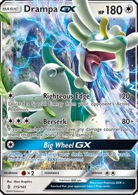 A near mint Drampa Gx 115/145 Regular Art Pokemon card from Guardians Rising set of the Pokemon TCG.