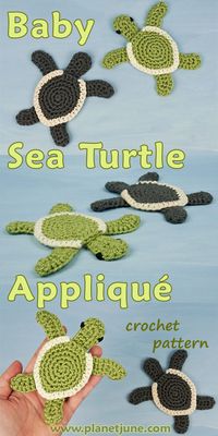 Crochet a realistic flat baby sea turtle embellishment with this applique pattern. You can stitch it to anything - e.g. it's perfect for a beach or ocean-themed blanket.