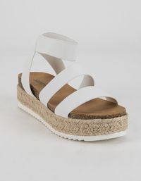 Soda Elastic Banded Flatform Sandals. Elastic woven upper. Banded strappy design. Stretchy ankle strap. Platform espadrille outsole. Textured rubber sole. Molded, padded footbed. Approx. platform: 2". Imported.