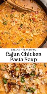 All the best parts of rich, flavorful Cajun chicken pasta, made into a filling, delicious, super creamy soup! Made in less than 30 minutes and with simple ingredients, this soup is wonderfully rich, with plenty of cream, Parmesan, and Cajun-blackened chicken.