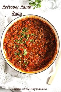 Hearty leftover lamb ragu served with pasta, this is probably the most delicious and fastest way of dealing with leftover roast lamb. #whereismyspoon #leftoverlambragu #leftoverlambragout #leftoverlambpasta #leftoverlambpappardelle #leftoverlambleg #leftoverlambshoulder #leftoverlambideas #lambleftoversrecipe