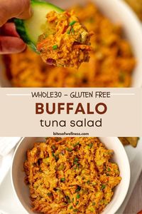 Buffalo Tuna Salad is easy to make, super flavorful and the perfect healthy lunch or dinner! Serve this spicy tuna salad with crackers, veggies, on bread or in a wrap for a filling meal that is made with simple ingredients anytime! This buffalo tuna salad is bold, creamy, spicy and budget friendly! The recipe is gluten free, dairy free, paleo, Whole30 and low carb friendly!