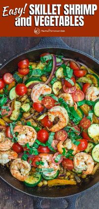 You'll love this 20-minute Mediterranean sauteed shrimp and vegetables! Loaded with colorful veggies, chickpeas, and bold flavors. Low-carb. Low-Fat. Gluten Free. A super healthy weeknight dinner!