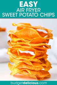 Homemade Air Fryer Sweet Potato Chips are so easy to make from scratch! Sliced sweet potatoes are air fried to crispy perfection and seasoned with salt. These delicious air fried chips are so crave-worthy, it's hard to believe they are good for you too! A healthy and affordable side or snack that's great for lunchboxes, picnics, camping, or hiking. Click through to get this awesome Sweet Potato Chips Air Fryer Recipe!! #airfryer #airfryersnacks #saltysnacks #potatochips #sweetpotato #chips