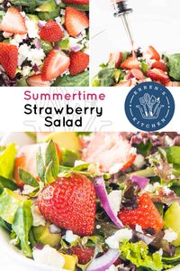 This delicious summery salad has fresh greens, plump strawberries, red onion, avocado and feta cheese for filling warm weather dish. This refreshing Strawberry Salad recipe just screams Summer. Make it for a light lunch or side, a mouthwatering meal for any occasion. Ready in under 20 minutes! Head to errenskitchen.com for easy, delicious, and even quick recipes for breakfast, lunch, dinner, drinks, and desserts!