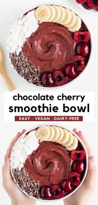 This chocolate cherry smoothie bowl recipe is easy, healthy, and so refreshing! It's made with cherries, banana, cocoa (or cacao), and almond milk. You'll love this quick breakfast idea for kids, adults, and clean eating diets. It's a nutritious smoothie, but it tastes like dessert! #smoothiebowl #smoothie #smoothierecipe #smoothierecipeshealthy #smoothiesforweightloss #breakfastideas #veganbreakfast #healthybreakfast #dairyfreerecipes