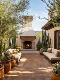 desert-style outdoor living area with terracotta-potted cacti & succulents