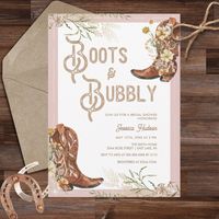 This elegant boots and bubbly bridal shower invitation is a western take on the brunch and bubbly theme. This invite features fancy watercolor cowgirl boots and delicate wildflowers. It is perfect for the bride that sweet, fun and a little country.