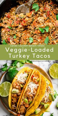 This veggie-loaded turkey taco recipe is sure to be a family favorite! Made in 30 minutes in one skillet, super flavorful and rocking 4 different veggies....its the perfect easy dinner. 