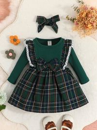 Dark Green  Collar Long Sleeve Fabric Tartan A Line Embellished Slight Stretch  Baby Girls Clothing