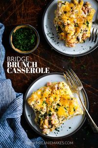 Prepped the night before in only 10 minutes, this cheesy, melty, ham studded Bridge Brunch Casserole is the perfect choice for Easter or any other morning. #breakfast #brunch #casserole #eggs #ham #easter #christmas