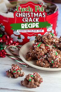 This easy Crock Pot Christmas Crack combines chocolate and peanut butter for a festive, no-fuss holiday treat! These peanut clusters are a favorite for kids and adults alike. Get the recipe with step-by-step instructions at BakeItWithLove.com #peanut #chocolate #christmas #candy