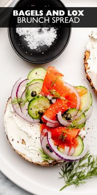 Bagels and lox make a fun, easy, and delicious brunch spread for holidays or entertaining. For an easy meal for guests, simply put out the bagels, lox, and toppings and let everyone make their own! This is a quick idea to set up, and everyone loves making a DIY breakfast bagel with their favorite toppings!