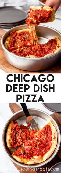 This homemade Chicago Deep Dish Pizza has a buttery, flaky crust, plenty of melted mozzarella cheese, and a satisfyingly rich and thick tomato basil sauce. You're gonna' need a fork for this Windy City favorite! #pizza #deepdish #chicago #cornmeal #homemade #recipe #fromscratch #best