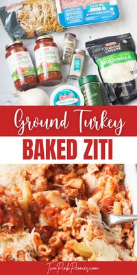 This easy baked ziti is made with ground turkey, zesty tomato sauce, and tons of delicious cheese and spices. This easy ziti recipe makes the perfect family friendly weeknight dinner idea! 