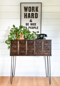 A vintage wood card catalog gets a fresh new makeover with stain and hairpin legs. #cardcatalog #vintagedecor #minwax #hairpin #hairpinlegs #furnituremakoever #modern #refinishedfurniture