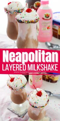 Quick and easy Neapolitan Milkshake recipe, ready in less than 5 minutes! Layers of sippable chocolate, vanilla and strawberry milkshake garnished with a whipped cream topping and maraschino cherry, along with a super simple yet elegant chocolate and sprinkle rim.