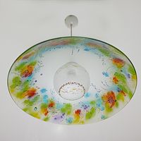 This ceiling light fixture is compliant with US standards. The E-26 electric socket allows you to connect a large and bright lamp.  Stained glass painting with special textured colors of sea waves combined with original painting. The electric cord is easily adjustable and you can adjust the height of the lamp from the ceiling by yourself. Write me your wishes, it will help me to create a beautiful lamp for your interior.   Diameter glass plafond   18" - 46cm.  21" -53 cm.