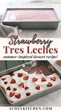 Strawberry Tres Leches is an ideal summertime dessert. Strawberry milk is blended with three milks and then poured over a light and airy sponge cake until it’s all absorbed. The result is a sweet and delicious cake that’s full of flavor. This homemade cake recipe is the perfect ending for cookouts and summer celebrations like July 4th and Labor Day!