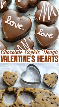 Celebrate love with these adorable Cookie Dough Valentine's Hearts! Made with edible chocolate chip cookie dough, dipped in rich chocolate, and decorated with pink accents, they’re the perfect sweet treat for Valentine’s Day. #CookieDoughValentinesHearts #ValentinesDesserts #HeartShapedTreats