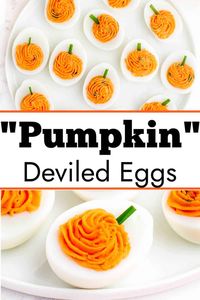 These deviled eggs are made to look like pumpkins and are so fun for Thanksgiving and Halloween! #pumpkin #deviled #eggs #halloween #thanksgiving