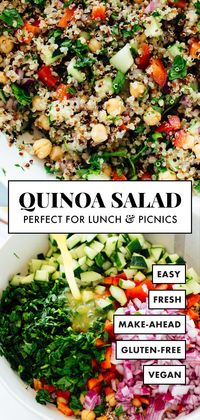 This quinoa salad recipe is the BEST! Everyone loves this healthy quinoa salad made with quinoa, chickpeas, red bell pepper, cucumber, parsley and lemon. It's gluten free and vegan for all to enjoy. #quinoasalad #healthysalad #glutenfree #vegan #quinoa #cookieandkate