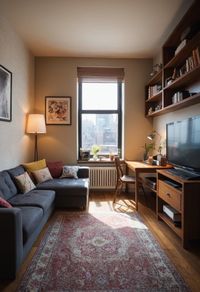 This tiny home office seamlessly blends into the living room, showcasing sleek design and cozy furnishings that make working from home both stylish and efficient.