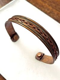 Open Cuff Bangle Bracelet Copper Cool Braided Motif 3/8" Wide Fits 7" Wrist