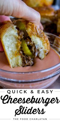 These easy Cheeseburger Sliders are what dreams are made of! Soft Hawaiian rolls are stuffed with extra cheesy beef, then lathered in a butter and mustard glaze to go on top. They bake to cheesy perfection for 30 minutes and then, watch out! You gotta grab 'em quick. And don't forget the sweet and sour crunch of pickles! They are so easy and come together in just a few minutes. These are the perfect appetizer for game night or a party with family and friends. You can also make them for dinner!