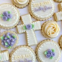 Jessi | Ms Whisk on Instagram: "Baptism cookies for a dear little one 💜 ⛪️ • • #buttercreamsugarcookies #buttercreamcookies #cookiesofinstagram #instacookies #sugarcookies #buttercream #decoratedsugarcookies #buttercreamcookiers #instabaker #inspiredbybuttercream #smallbusinessohio #ohiosmallbusiness #baptismcookies"