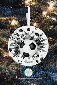 ad: Soccer balls & stars personalized tree ornament for her - tap to see this ornament and the full accompanying soccer ornament collection at katzdzynes on Zazzle #soccerornaments #soccerballblowout