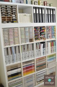 Jeanne combined her IKEA Kallax shelf with Stamp-n-Storage craft organization products in her craft room. Now her paper, punches, markers, and ink pads fit perfectly inside of the shelf cubes and her supplies have their own space! Check out these Stamp-n-Storage products.