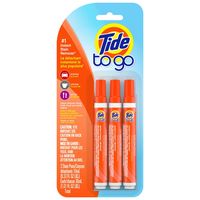 Eliminate stains on the spot with a Tide to Go pen, the portable, instant stain remover that helps remove food and drink stains. Tide To Go stain remover pens are the No. 1 instant stain remover.* This convenient Tide stick contains a powerful cleaning solution that breaks down tough stains and uses a microfiber padded tip to lift and absorb them, so you can get rid of spills and drips without further laundering. Plus, the portable pen-like design is easy to take on the road, out to eat or on a coffee break. Keep a Tide stain stick spot cleaner in your bag, car, purse or kitchen. Tide pen stain remover works well on tomato juice, ketchup, BBQ sauce, grape juice, coffee, wine, tea, chocolate syrup and more. Use the portable pen on fabrics, including wool, polyester and cotton. Just blot the