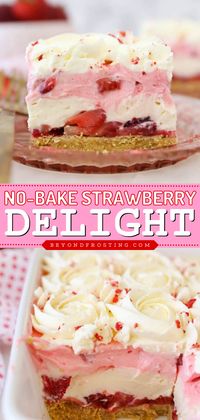 You'll love this easy spring treat! It's also the perfect summer dessert recipe. Layered with a graham cracker crust, no-bake cheesecake, and whipped cream, this strawberry delight is perfect for any occasion. Everyone will love this no-bake sweet!