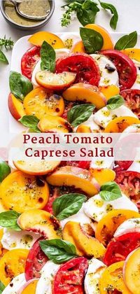 This Peach Tomato Caprese Salad is a sweet twist on traditional Caprese salad! Juicy peaches, thick slices of tomatoes and mozzarella and of course fresh basil leaves. Drizzle with a lemon pesto vinaigrette and balsamic glaze for an easy and delicious summer salad! #caprese #caprsesalad #saladrecipe #summersalad #peaches #tomatoes #mozzarella #vegetarian #glutenfree