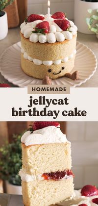 Your favourite jellycat birthday cake plushie in edible cake form! It's made with two layers of soft vanilla cake, strawberry jam, whipped cream, and fresh strawberries. #jellycat #birthdaycake | teakandthyme.com