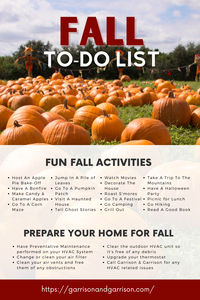 Fall activities - Fall to-do list - Fall home maintenance - Pumpkin patch - Corn maze - Bonfire night - Caramel apples - Haunted house visit - Apple pie bake-off - S’mores by the fire - Fall home decor ideas - Hiking in the mountains - Cozy fall movie night - Halloween party - Fall festival - Preventative HVAC maintenance Huntsville HVAC services - Garrison & Garrison - Fall home prep - Fall outdoor fun - Cozy fall vibes - Autumn home ideas - Seasonal maintenance tips - apple picking - pumpkins