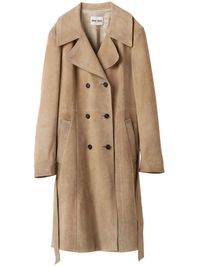 beige suede notched lapels double-breasted button fastening belted waist two diagonal pockets to the sides long sleeves straight hem