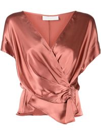 camel brown silk satin finish draped detailing V-neck