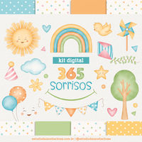 KIT 365 SORRISOS 🙂
Este kit contém:
- 110 arquivos de elementos decorativos, incluindo sol, nuvens, cataventos, flores, composição de cenário, balões, bandeirinhas, arco-íris e muito mais!
- Muitas variações de carinhas e sorrisos para combinar com o tema;
- 30 papéis digitais rotativos (incluindo as estampas com fundo transparente), com padronagens de poás e listras;
- No total, o kit possui 156 arquivos.
kit digital / aquarela / festa / aniversario / festa infantil 
 / ideias / 365sorrisos