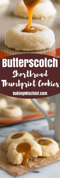 Classic shortbread thumbprint cookies with delicious homemade butterscotch filling. From http://BakingMischief.com