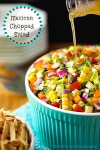 This Mexican Chopped Salad is perfect with any Mexican meal and always gets rave reviews! It's also delicious spooned over chicken, shrimp or pork or beef! #mexicansalad #choppedsalad #healthyrecipes #heathyfood