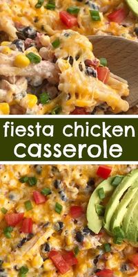 Fiesta Chicken Pasta Casserole | Chicken Casserole | Pasta | Dinner Recipe | Fiesta chicken casserole is filled with chunks of chicken, tender pasta, corn, black beans, all in a one dish cheesy chicken casserole. Simple to make and a great way to use up leftover chicken or a Rotisserie chicken. #dinner #easydinnerrecipe #chickenrecipes #casserole #recipeoftheday