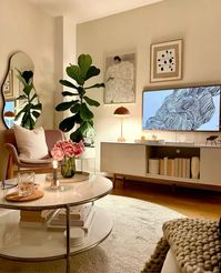 boho living room, inspirational home, modern interior, large plants, living rooms, white tv stand, upholstered chairs, throw blankets, marble coffee table