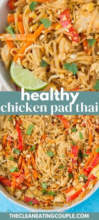 Skip the takeout tonight and make this Healthy Pad Thai recipe for dinner instead! This gluten free pad thai recipe is a healthier version of a classic takeout dish, packed with veggies and brown rice noodles. Use chicken, or keep it vegetarian - it's up to you! You would *never* know this is clean eating.. it's just too good! #healthy #thaifood